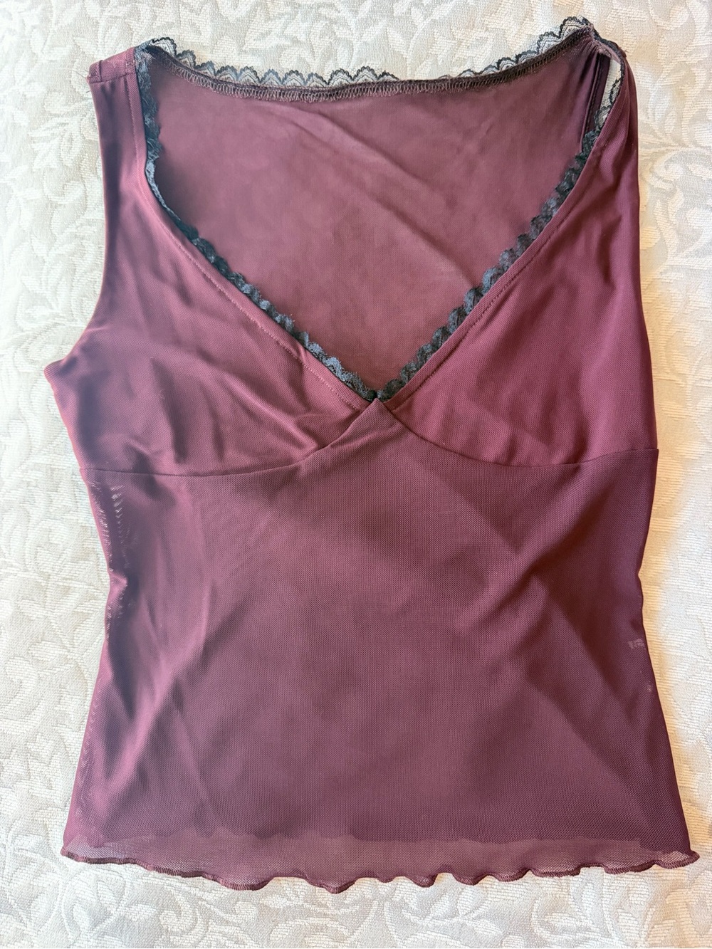 Women's Burgundy Lace-Trim V-Neck Tank Top